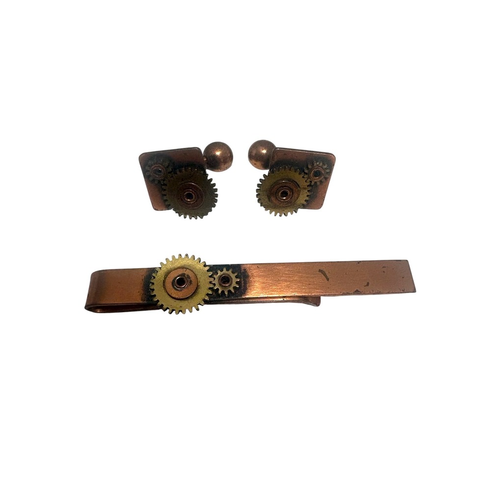 FRANK REBAJES Copper Brass Gears Modernist Cufflinks Tie Clip Set, 1950s